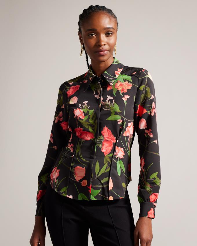 Chemises Ted Baker Floral Satin With Exposed Seams Noir Femme | FDA-95780631